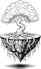 Tree: A highly detailed line art illustration of a tree growing on a floating island, symbolizing nature, life, and the connection between all things.