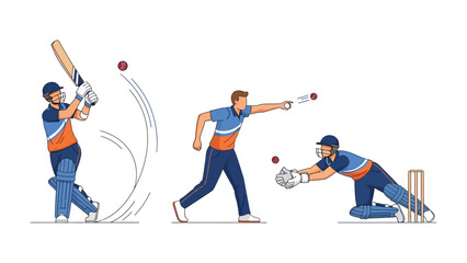 Cricket Action Illustrated: Dynamic illustration capturing key moments in a cricket match: batter, bowler, and wicket-keeper in action. A comprehensive sports guide