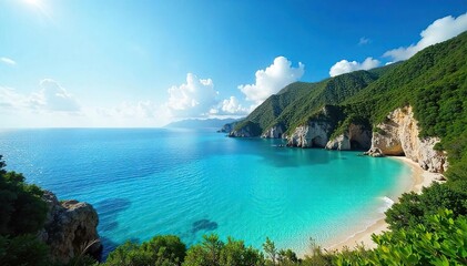 Fototapeta premium Serene coastal lagoon, turquoise water mirroring the sky, surrounded by lush vegetation and dramatic cliffs Perfect for travel, nature, and tranquility themes , awesome, cliffs