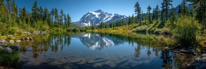 Mountain lake reflecting a snow-capped peak