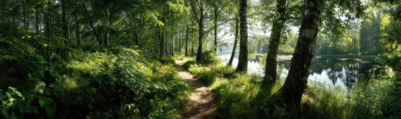 Fototapeta premium Sunlit forest path beside a calm lake
