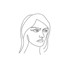 Serious thoughtful woman face line art drawing portrait
