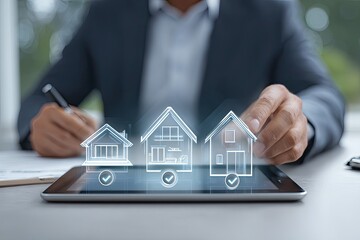 Businessperson selects from three house options on a tablet