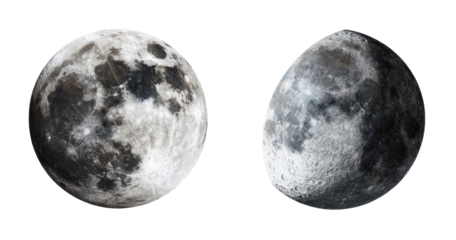 Two distinct lunar phases.  Close-up, full moon on left, gibbous moon on right, against a black background.  Grey-toned textures on both, showing craters and light/dark areas