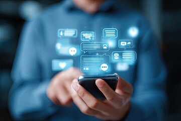 Person interacting with a smartphone displaying floating communication app icons