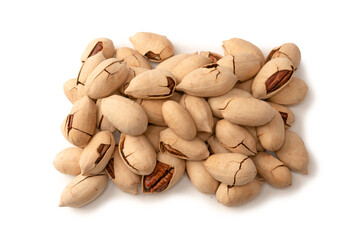 Pecan-nut in a shell isolated on white background. Top view.