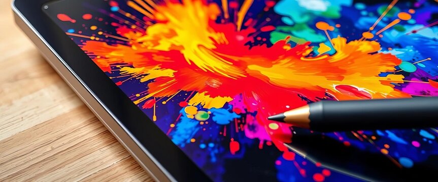 Close-up of digital tablet displaying vibrant painting-in-progress, stylus resting nearby,  creative process,   tutorial video