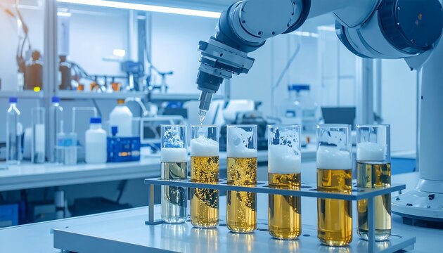 Robotic arm dispensing liquid into test tubes in a laboratory setting