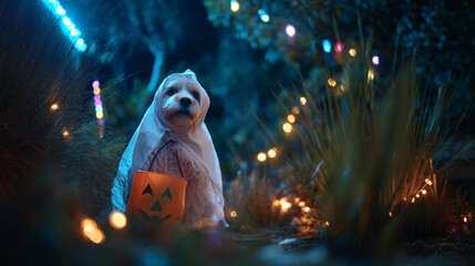 A dog dressed as a ghost holding a jack o lantern bucket in a dark setting