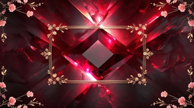 Luxurious ruby-red crystal texture background with glowing highlights and subtle shimmer. Elegant gold filigree frame along edges and corners, smooth uncluttered center, refined and text-friendly.