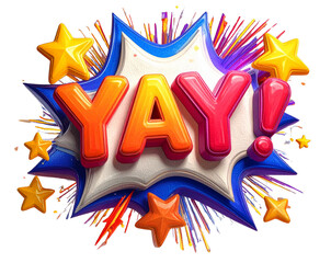 Angled 3D Comic Speech Bubble with Text YAY! and Spark Elements, isolated on transparent background PNG