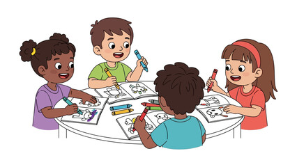 Creative Group Fun: A vibrant illustration capturing a diverse group of children joyfully coloring at a round table, filled with bright colors and contagious enthusiasm.