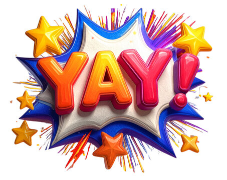 Angled 3D Comic Speech Bubble with Text YAY! and Spark Elements, isolated on transparent background PNG