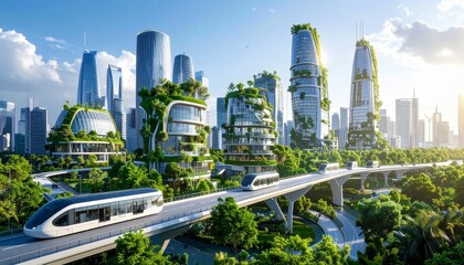 Futuristic city showcases sustainable architecture with green buildings and advanced transportation systems under a clear blue sky, promoting environmental consciousness.