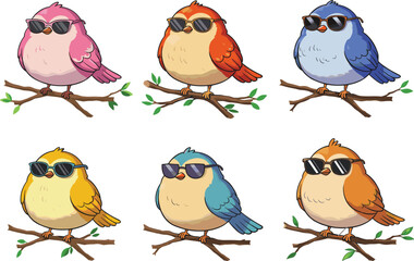 Cartoon birds with sunglasses, colorful feathered characters, perched on branches, playful animal design, fun stock illustration, white background, cheerful pose
