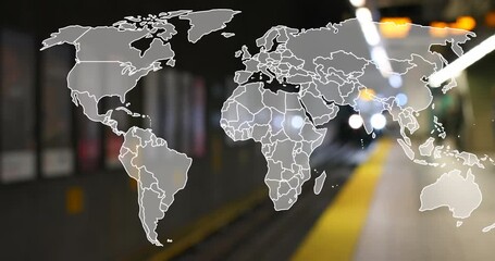 Animation of world map over underground train arriving at metro station - Powered by Adobe