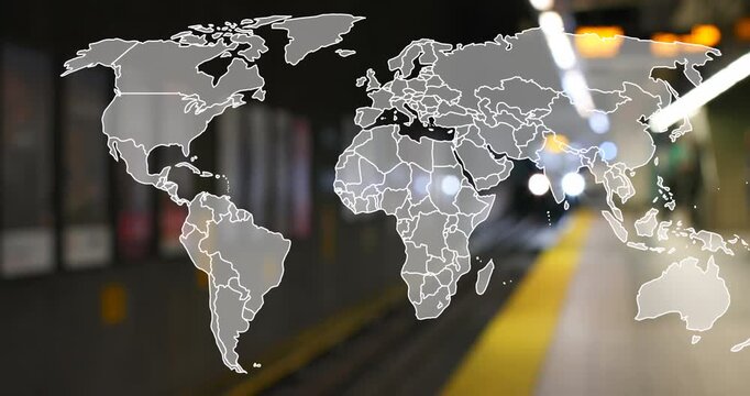 Animation of world map over underground train arriving at metro station