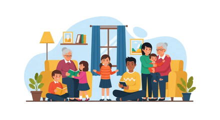Multi-generational family enjoying a cozy day at home, reading and bonding together in their comfortable living room. Ideal for lifestyle and education concepts.