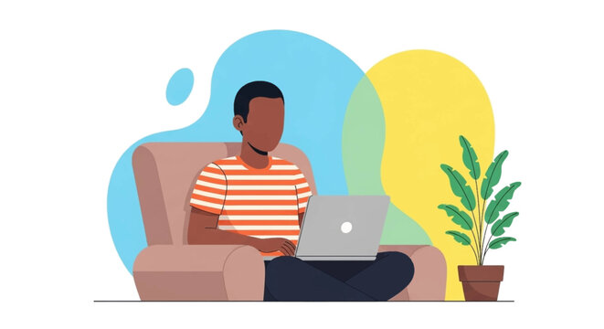 Relaxed person working or studying on a laptop from home, embodying remote work flexibility and a modern lifestyle. Ideal for technology, education, or business themes.