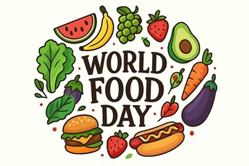 World food day poster with fruits, vegetables, avocado, carrot, eggplant, watermelon and snacks; cartoon vector for healthy eating, sustainability, zero hunger message, web and print template