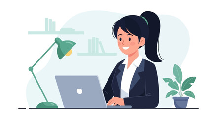 Smiling professional woman working diligently on her laptop in a modern office, embodying productivity, remote work, and business success.