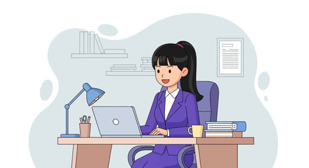 Professional woman in business attire working diligently on her laptop at an office desk. Represents productivity, remote work, and modern business.