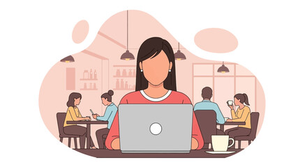 Woman working remotely on a laptop in a bustling modern cafe, symbolizing flexible work, digital connectivity, and contemporary lifestyle.