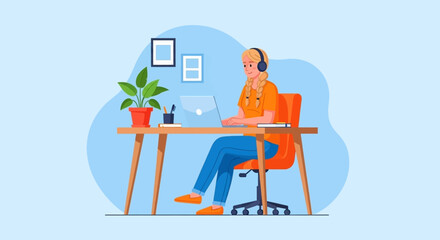 Young woman in headphones working remotely on her laptop at a home office desk, illustrating productivity, online learning, or freelance work.
