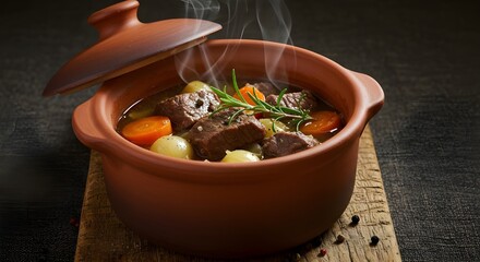 Rustic veal stew in clay pot with vegetables and rosemary, steaming homemade comfort food on wooden table, cozy autumn style, ai generation