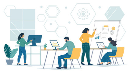 Diverse business team collaborating in a modern office, analyzing data and strategizing for project success. Ideal for corporate productivity and teamwork concepts.