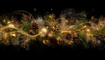 Dynamic and festive Christmas background of a golden garland with ornaments, pine cones, and sparkles on a black background
