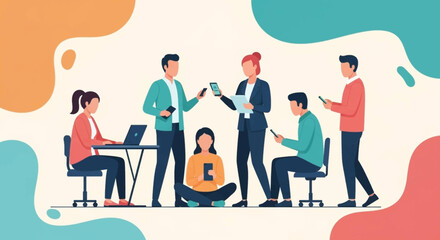 Diverse team collaborates, using laptops and smartphones, showcasing modern communication and business connectivity in a digital era.