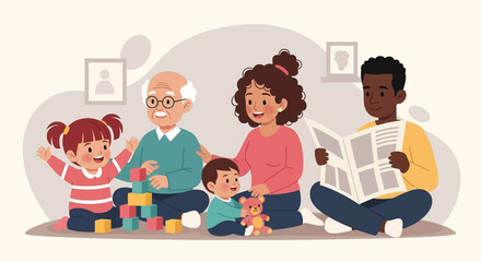 Happy multi-generational family spending quality time together at home, featuring children playing and adults relaxing. Ideal for themes of family bonding, support, and a harmonious lifestyle.