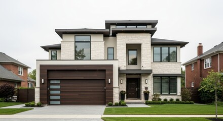 Modern, two-story home with a dark-toned garage