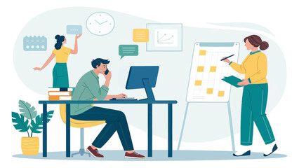 Team collaborating in a modern office, managing tasks, communication, and project planning. Ideal for business concepts, productivity, and professional teamwork.