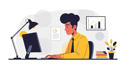 A focused professional works at his desk on a computer, surrounded by business documents and a growth chart, symbolizing productivity and success in a modern workspace.