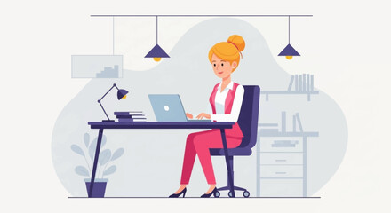 Smiling businesswoman working efficiently on a laptop at her modern office desk. Represents remote work, productivity, and professional lifestyle concepts. Ideal for business and technology themes.