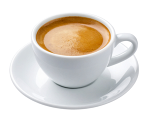Angled Side View of Doppio Espresso with Saucer, isolated on transparent background PNG