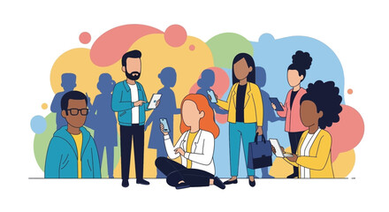 Diverse group of people engaging with smartphones, tablets, and a laptop, symbolizing modern digital communication, social media, and global connectivity.