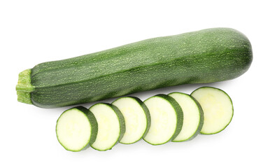 Whole and cut fresh zucchinis isolated on white, top view