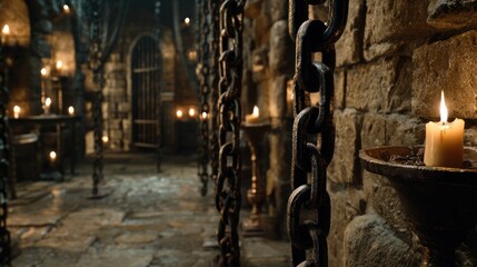 Naklejka premium Medieval dungeon interior with chains and candles