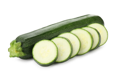 Whole and cut fresh zucchinis isolated on white