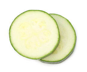 Pieces of fresh zucchini isolated on white, top view