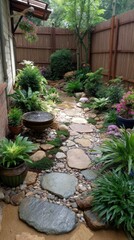 Serene zen garden with stone path and water feature low angle shot backyard oasis landscaping design
