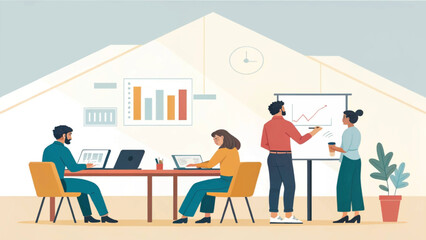 Business team collaborating and analyzing data in a modern office meeting, presenting growth and success. Ideal for teamwork, strategy, and corporate development concepts.