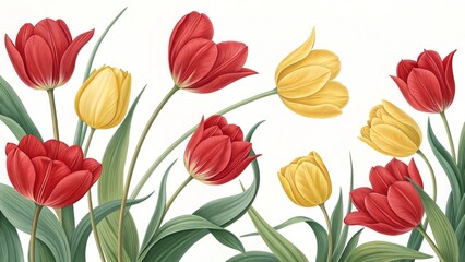 Obraz premium Vibrant Red and Yellow Tulips with Green Leaves red tulips
