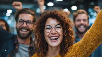 Celebration event with enthusiastic participants office setting group photo joyful atmosphere close-up view team spirit