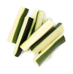 Pieces of fresh zucchini isolated on white, top view