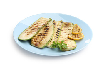 Delicious grilled courgette slices with parsley and lemon isolated on white
