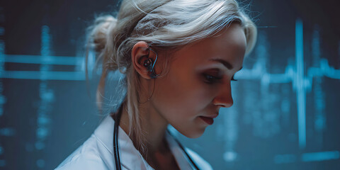 Young female doctor wearing stethoscope and earphones, focused and thoughtful in medical environment with digital heart rate monitor background